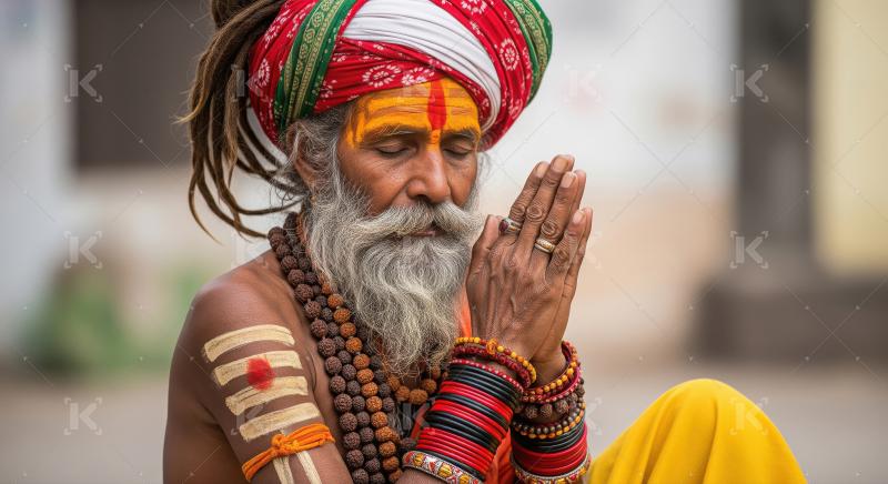 Spiritual Indian Sadhu Meditating in Prayer, Traditional Hindu H