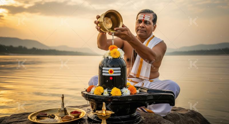 Hindu Priest Performs Shiva Puja at Sunrise by River