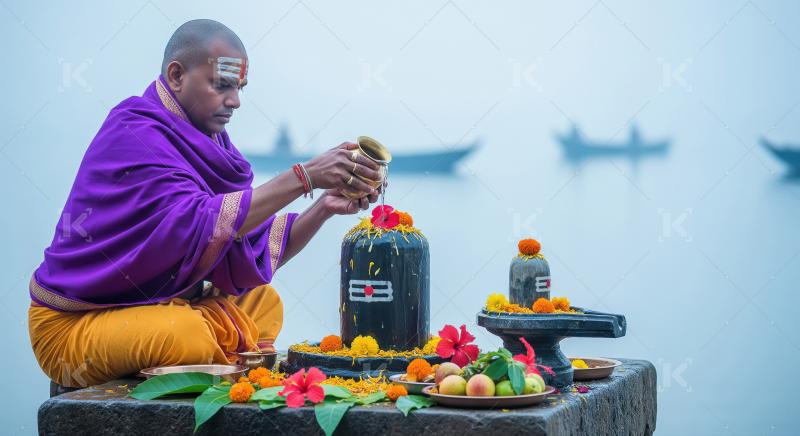 Hindu priest performs sacred Ganga ritual with Shiva Lingam