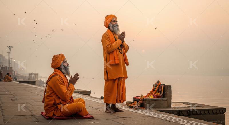 Indian Sadhus Praying by Ganges River at Golden Hour