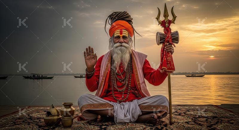 Indian Sadhu Meditating by Sacred Ganges River at Sunset