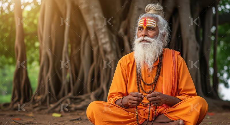 Indian Sadhu Meditating Under Sacred Tree with Prayer Beads