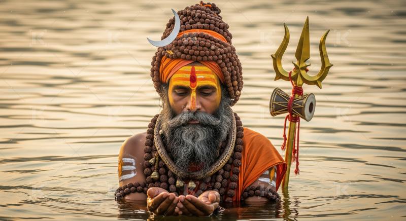 Hindu Sadhu Performing Sacred Ritual in Golden River Water