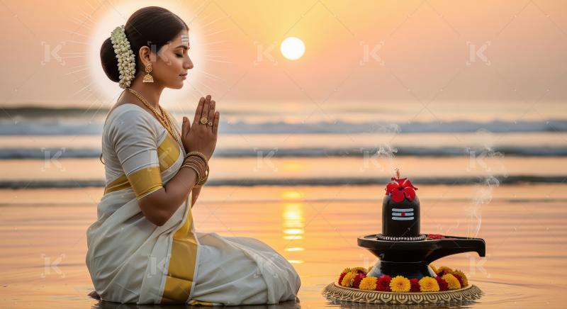 Woman Meditating by Ocean with Shiva Lingam at Sunset