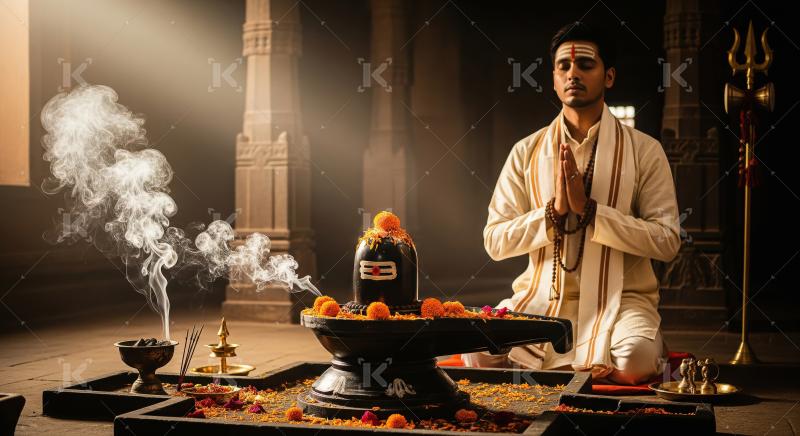 Hindu Priest Meditating During Pooja Ceremony with Shiva Lingam