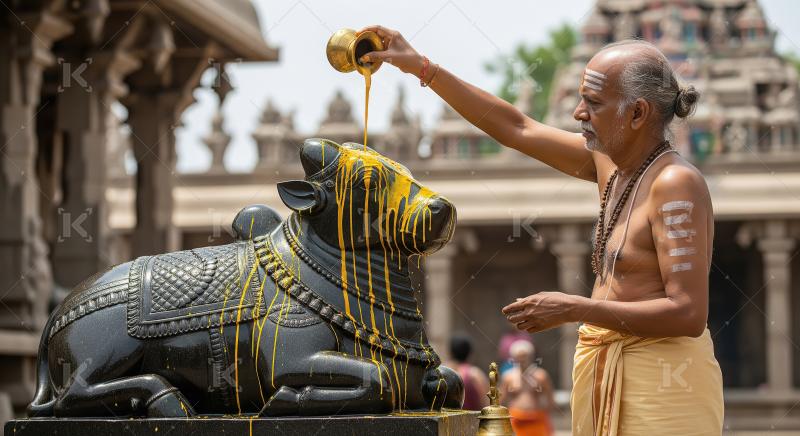 Traditional Indian priest performs sacred Nandi bull ritual at t