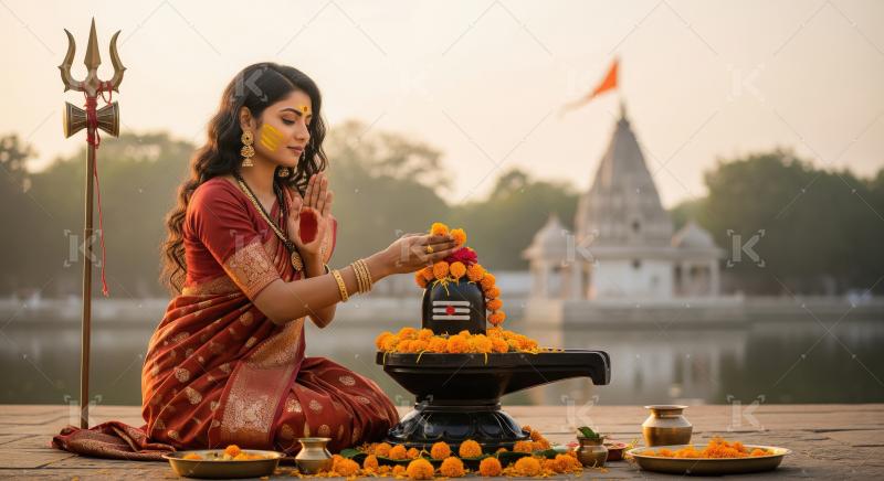 Indian Woman Performing Devotional Puja at Shiva Temple