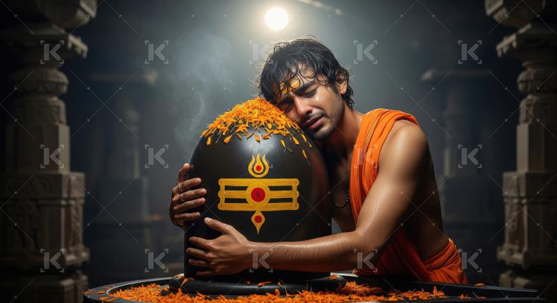 Young Man's Emotional Devotion to Shiva Lingam in Sacred Temple
