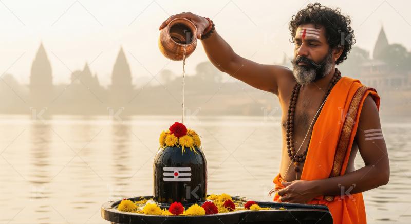 Hindu priest performs ritual on Shiva lingam near Ganges
