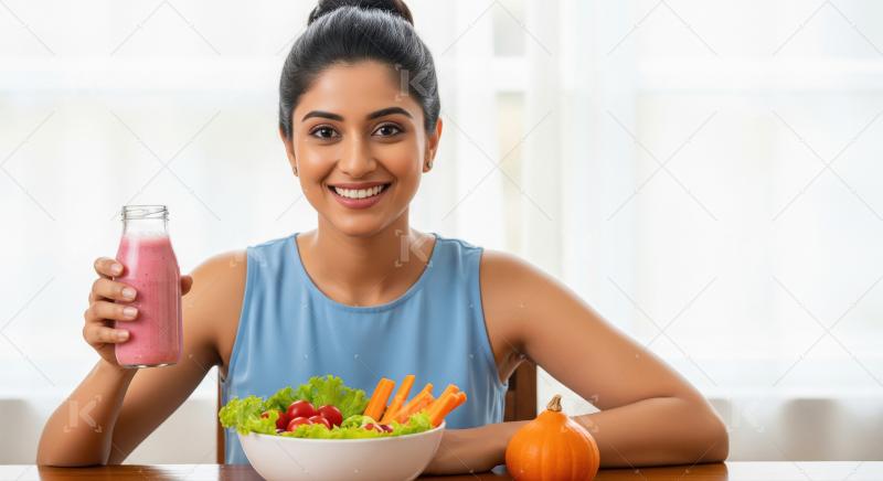 Happy Indian Woman Enjoying Healthy Smoothie and Salad