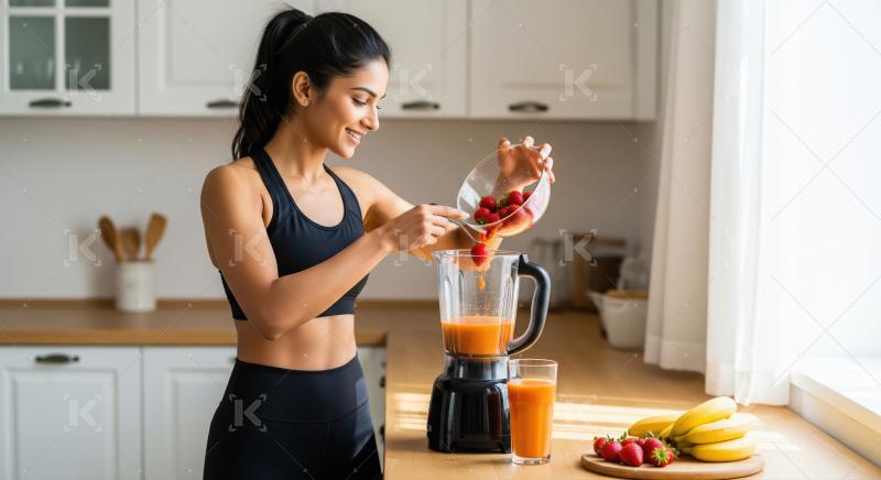 Smiling Woman Making Healthy Fresh Fruit Smoothie in Kitchen