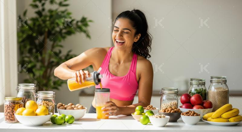 Happy Woman Prepares Healthy Juice Amidst Fresh Fruits and Nuts