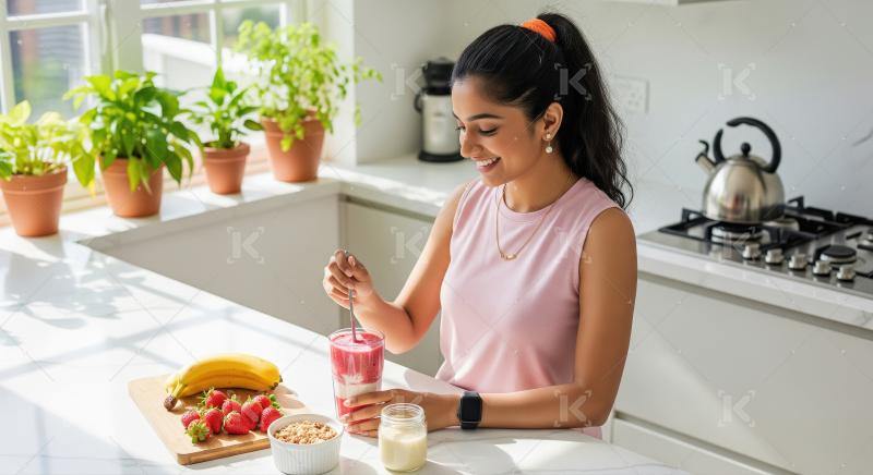 Smiling Young Woman Stirring Healthy Fruit Smoothie in Bright Ki