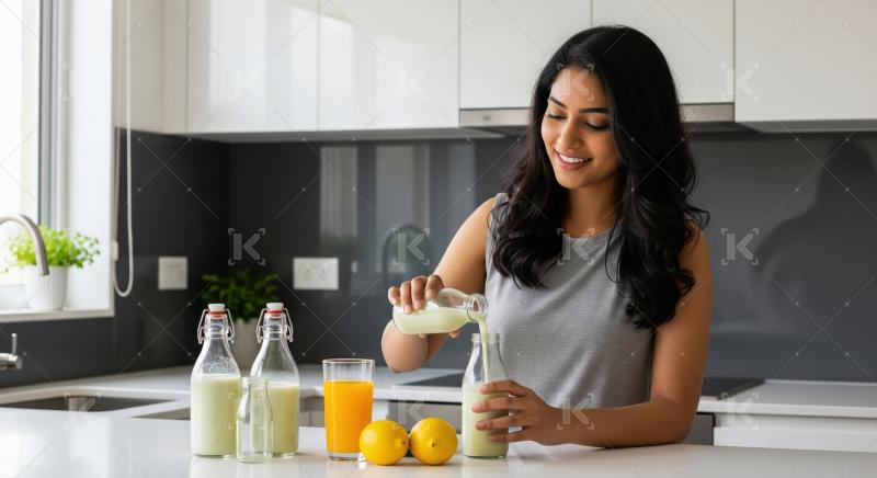 Smiling woman pouring green milk into bottles in bright kitchen.