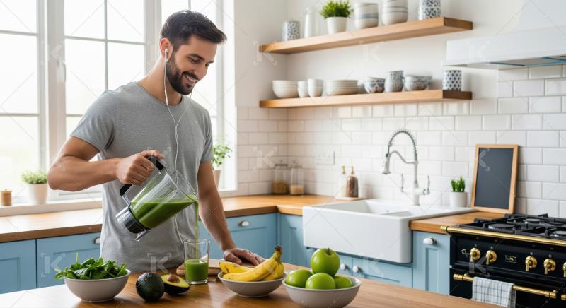 Happy man making fresh green smoothie in modern kitchen.