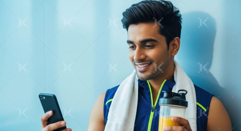 Smiling man checks phone, holds protein shake after workout