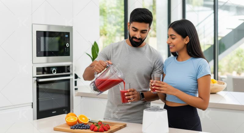 Young Indian couple making healthy fruit smoothie in modern kitc