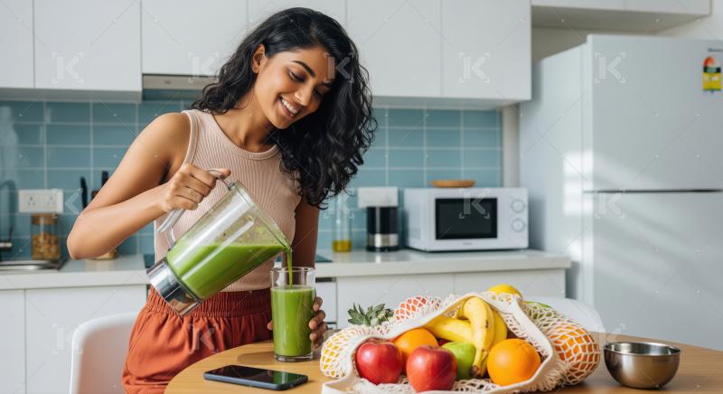 Smiling Woman Pouring Green Smoothie with Fresh Fruits in Kitche