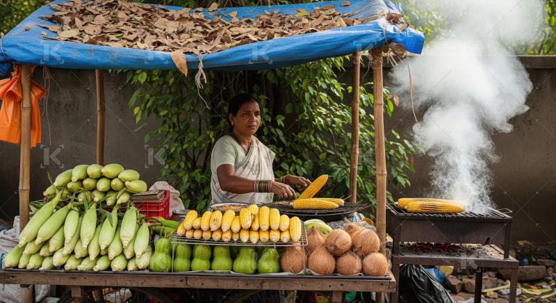 Indian Woman Roasting Corn at a Bustling Street Stall