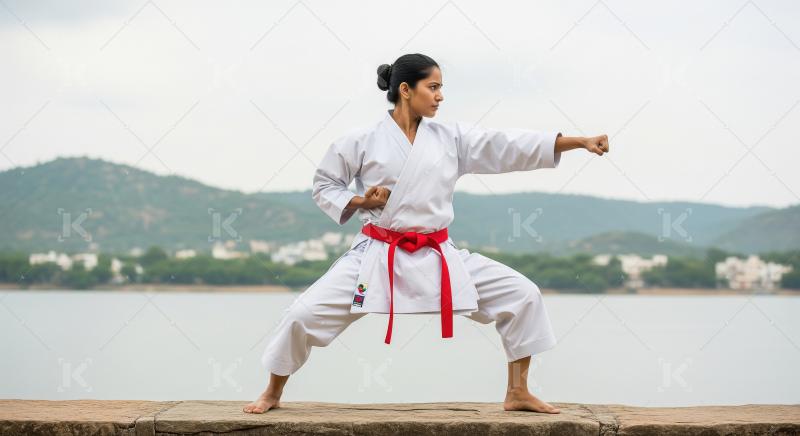 Focused Woman Practicing Karate in Traditional Gi Outdoors