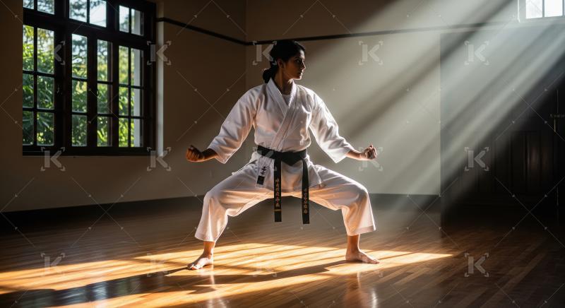 Woman Practicing Karate in Sunlit Dojo with Dramatic Light Beams
