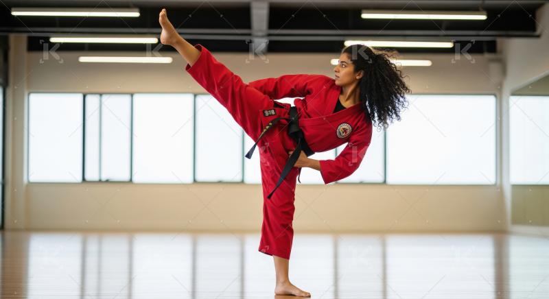 Focused Woman in Red Uniform Executes Powerful Martial Arts High