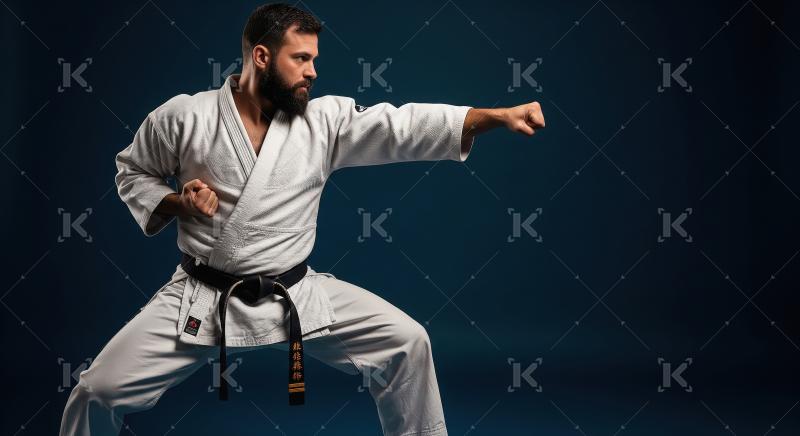 Focused Martial Artist in White Gi Performing Powerful Punch