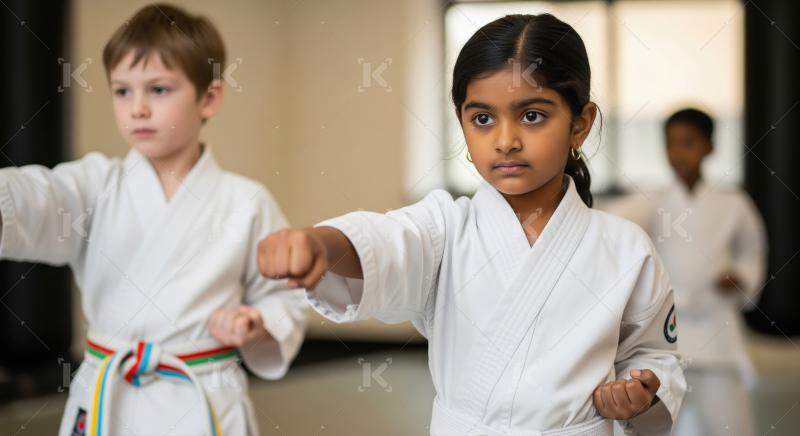Focused Young Children Learning Martial Arts in Dojo