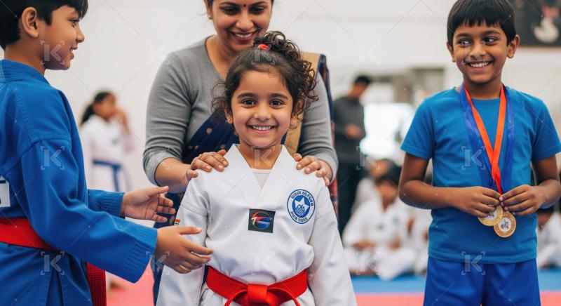 Smiling taekwondo girl celebrates with friends, instructor, and