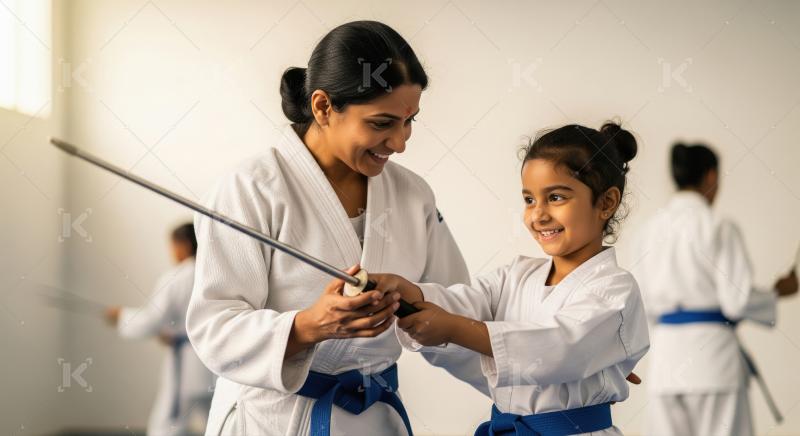 Joyful Martial Arts Training: Instructor Guides Young Girl
