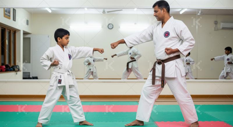 Karate instructor teaches young boy martial arts punching techni