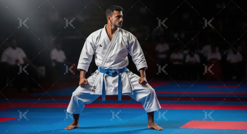Male karate practitioner in powerful stance on blue mat