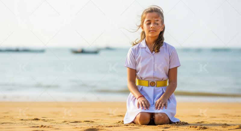 Young Schoolgirl Meditating Peacefully on a Sandy Beach by the O