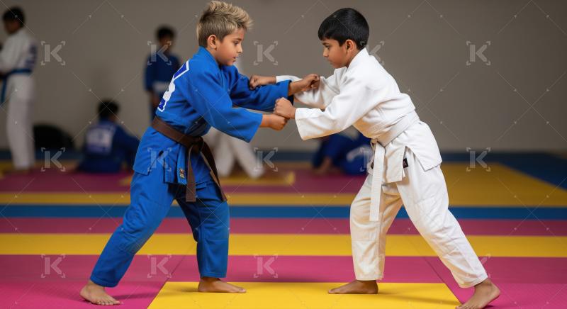 Young Boys Practicing Judo Grappling Techniques on Mat