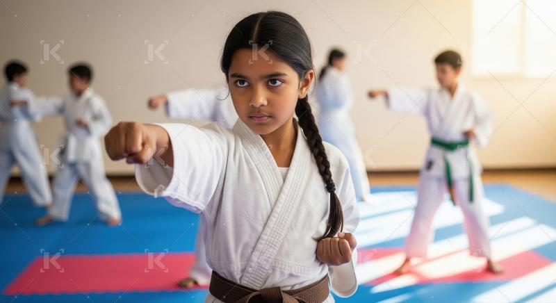 Focused Young Girl Practices Karate Punch in Dojo