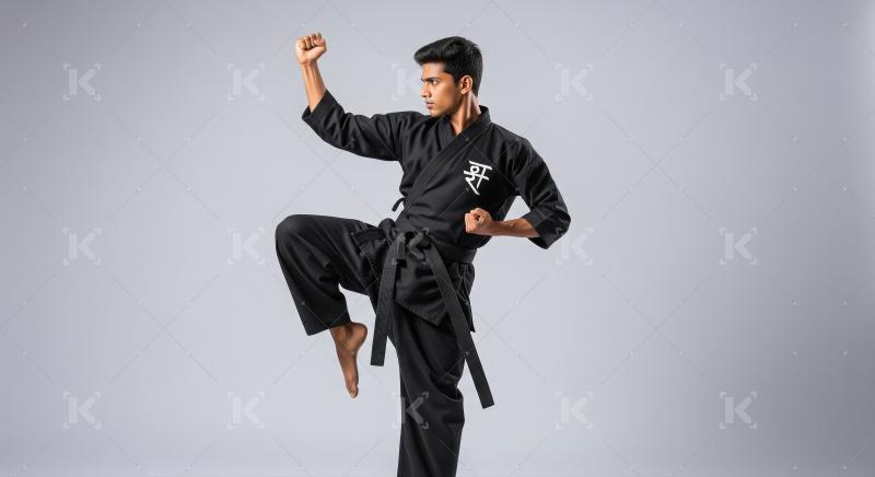 Young martial artist in black uniform performs a powerful karate
