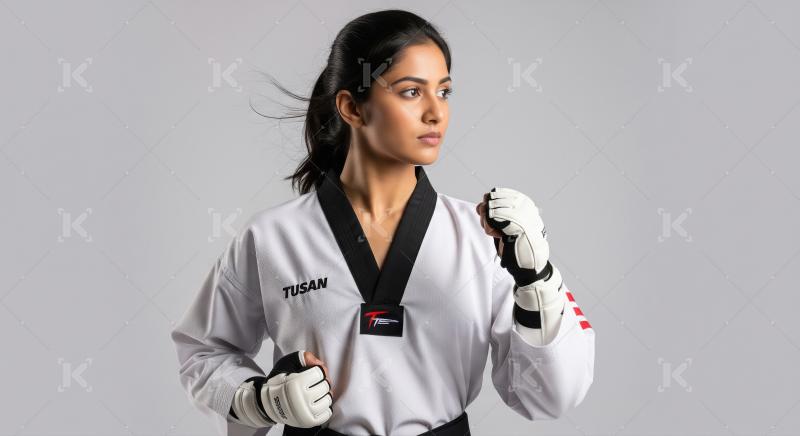 Focused Taekwondo Athlete in Uniform and Gloves