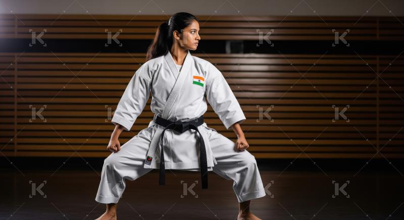 Focused Indian Woman Karateka in Powerful Martial Arts Stance