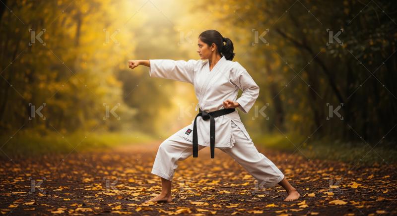 Young Woman Practicing Focused Karate Stance in Golden Autumn Fo