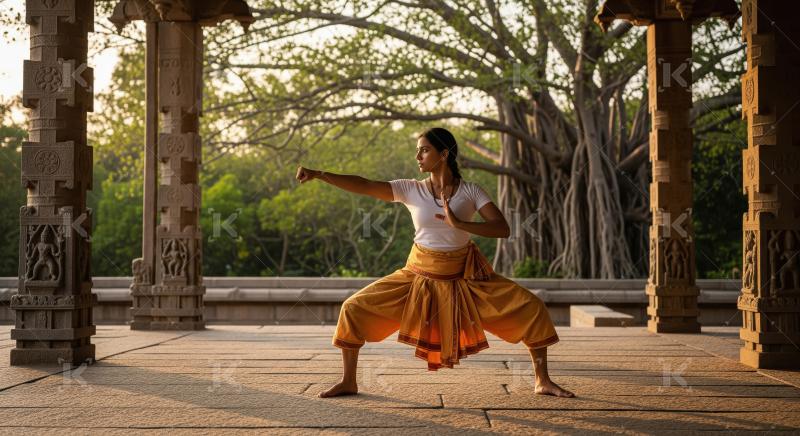 Indian Woman Performing Traditional Pose in Ancient Temple Court
