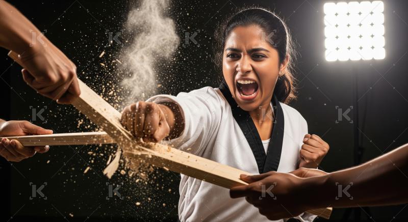 Young Woman Breaks Board with Powerful Punch in Taekwondo