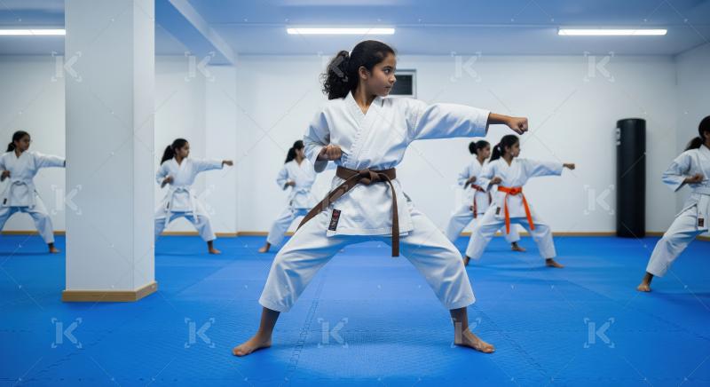Young Girls Practice Karate in Dojo, Learning Martial Arts Techn