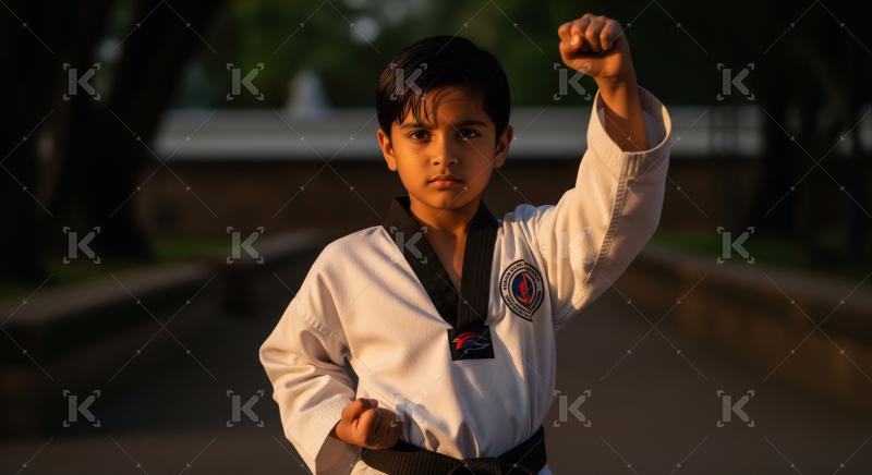 Confident boy practicing Taekwondo outdoors, fists clenched