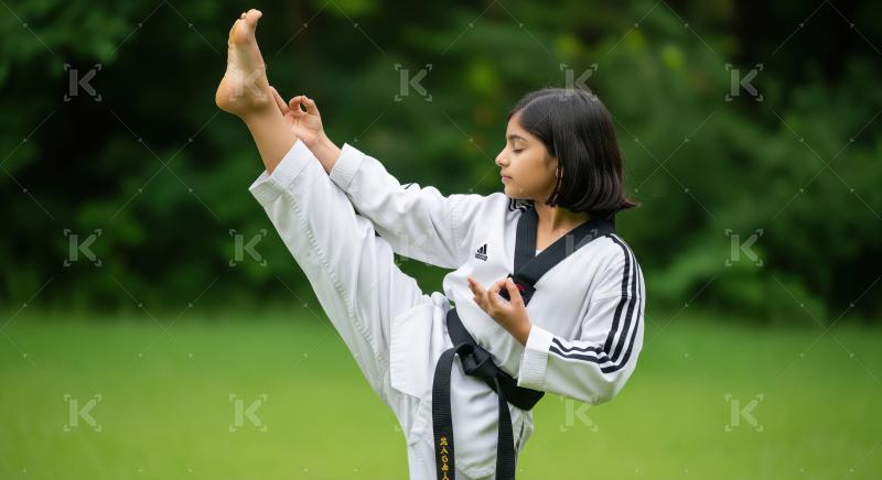 Young Girl Practices Taekwondo High Kick with Focus Outdoors