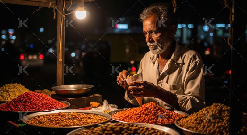 Indian Street Vendor Preparing Snacks at Night Market