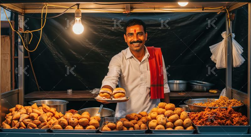 Happy Indian Street Food Vendor Selling Vada Pav