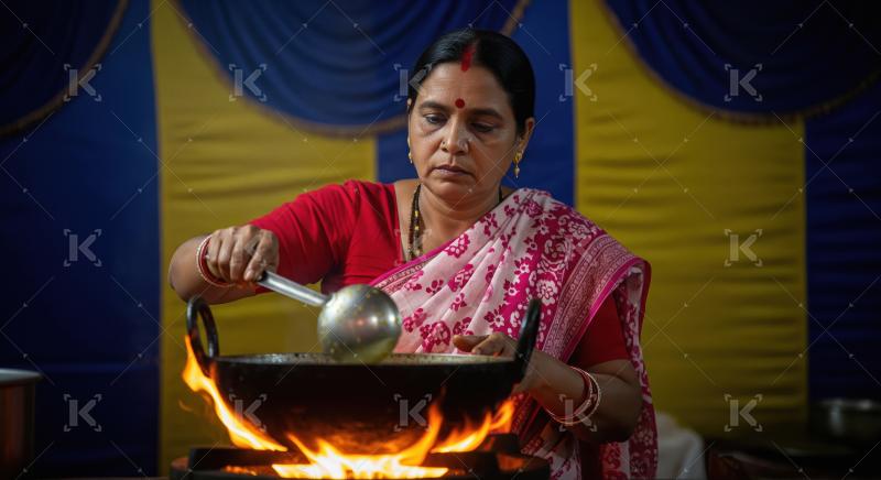 Indian Woman Cooking Over Open Fire with Ladle