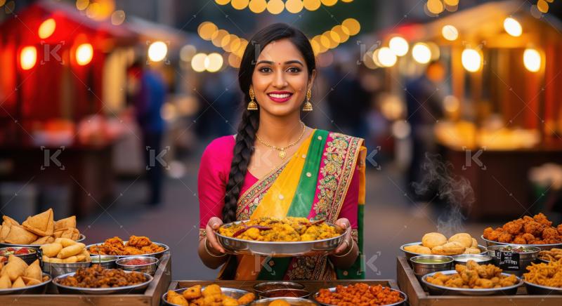 Joyful Woman Serving Authentic Indian Street Food at Festival