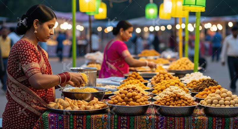 Indian Street Food Vendor Preparing Snacks at Vibrant Night Mark