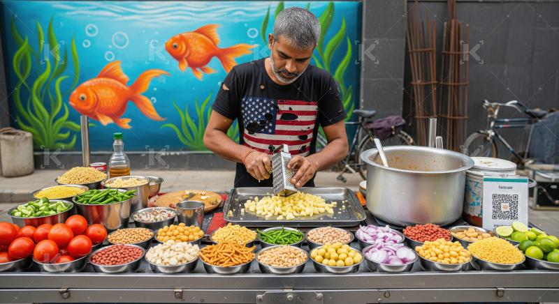 Indian Street Food Vendor Prepares Fresh Chaat Ingredients